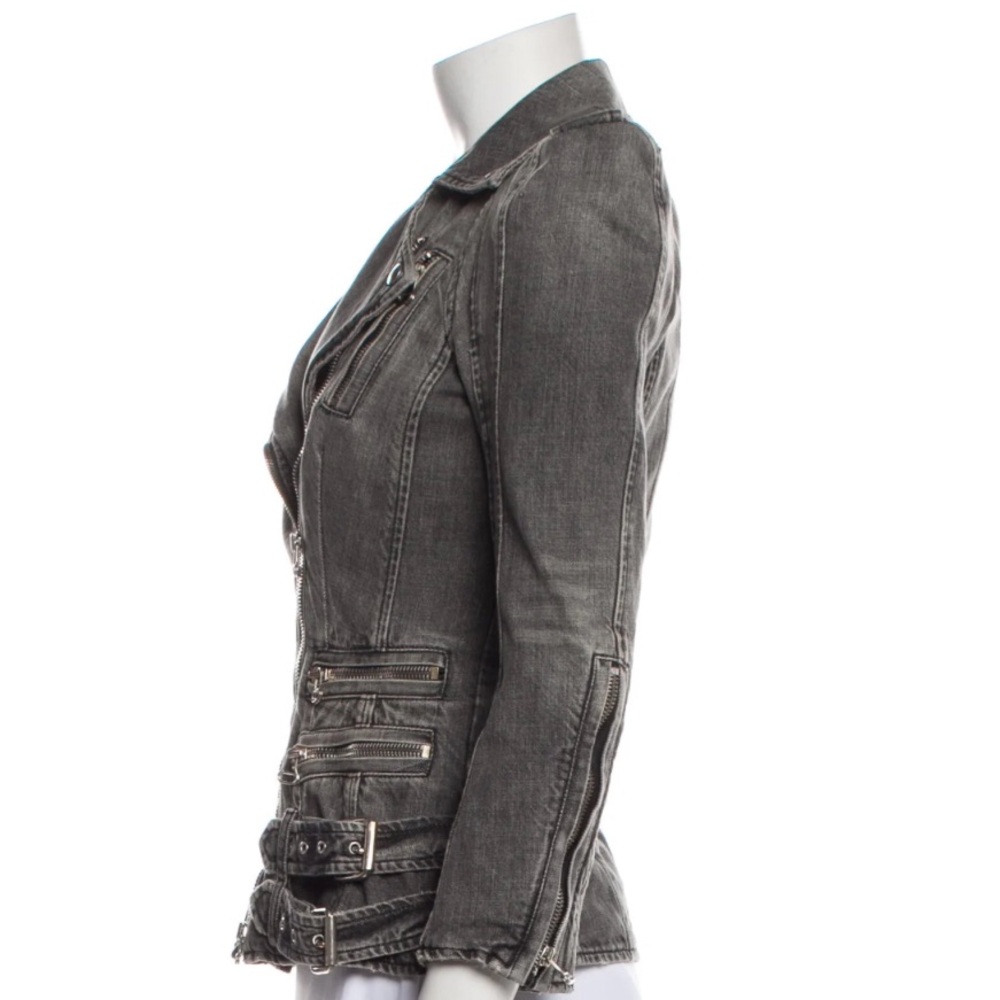 Balmain Paris moto biker denim jean jacket grey gray XS Kate Moss Kim Kardashian - Picture 8 of 12